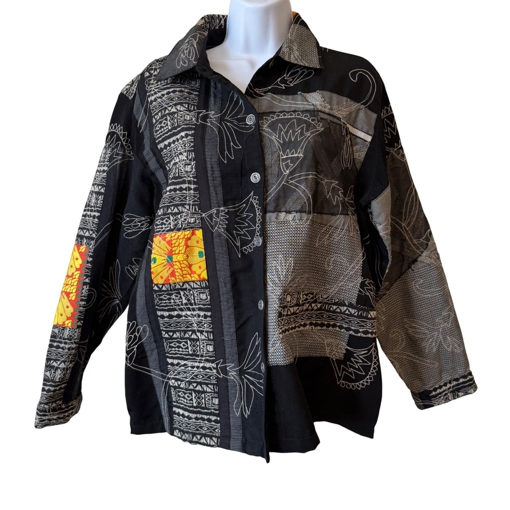 VTG Chico's Design Jacket Black Gray Embroidered Patchwork Art‎ To Wear Size 2 L